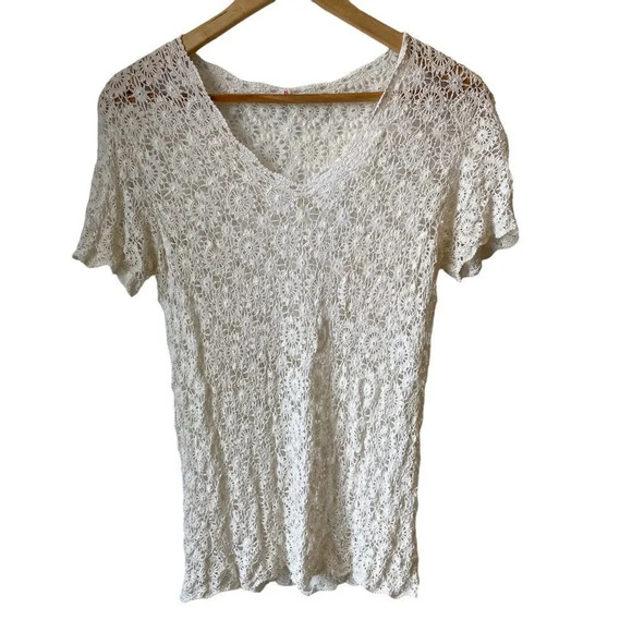 Vintage 90s handmade cream crochet  knit short‎ sleeve top S - Picture 1 of 11